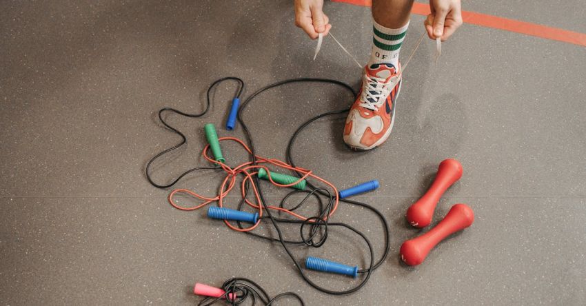 Jump Ropes - A Man Tying Shoe Lace Near Jump Ropes on the Floor