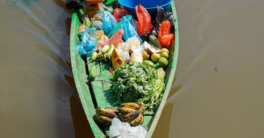 Rowing Brands - A woman in a green boat with vegetables and fruit